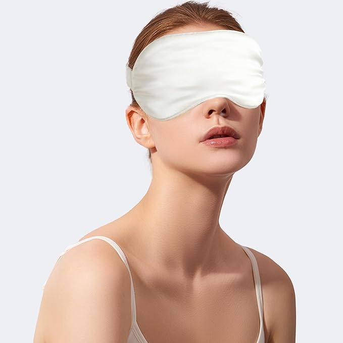 100% 22 Momme 6A Grade Double-Sided Pure Mulberry Silk Eye Mask Soft Breathable Sleep Blindfold with Elastic Headband for Men and Women Pack of 1 (White)
