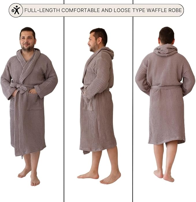 Unisex Hooded Waffle Robe for Women & Men 100% Turkish Cotton | Quick-Dry Bathrobe | Cozy Housecoat for Lounging