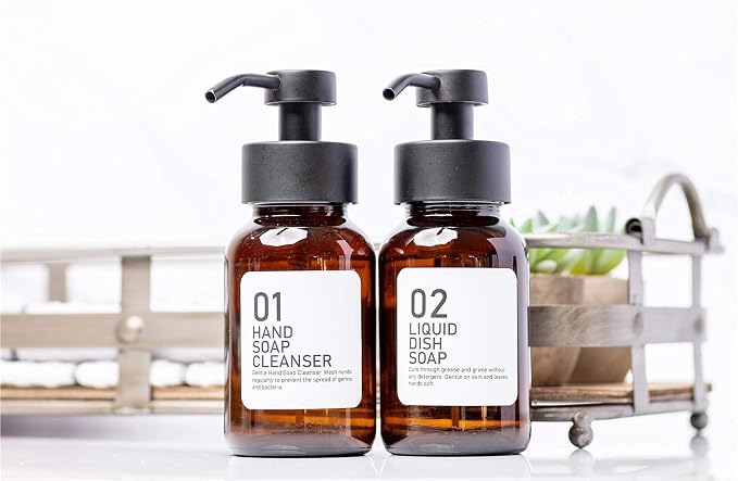 soap Dispenser Hand and Dish Soap Dispenser Set for Kitchen Amber Glass Bottles Bathroom Liquid