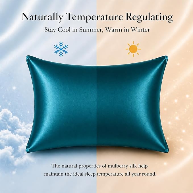 USA Made 100% Silk Pillowcase Peacock, Certified 6A Grade 22 Momme Mulberry Silk Pillow Case for Women Hair and Skin Protection, Anti Face Wrinkle, 1 Pc 20"x26" (Standard, Peacock Blue)