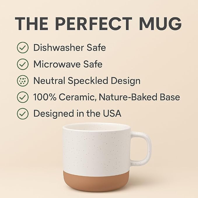 Givenne Handcrafted Speckled Ceramic Coffee Mug 12 oz, Rustic White Stoneware Cup with Clay Base, Single Coffee or Tea Mug Gift