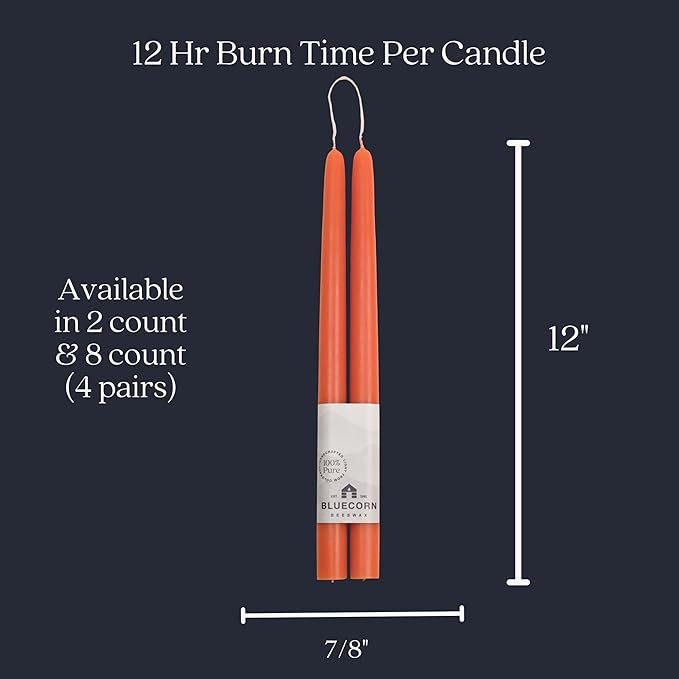Bluecorn Beeswax Taper Candles, 100% Pure Natural Bees Wax, Pair of 12 Inch Orange Tapered Candlesticks, Clean Burning & Dripless, Fragrance Free, Long Lasting, Home Decor, American Made, 1 Count