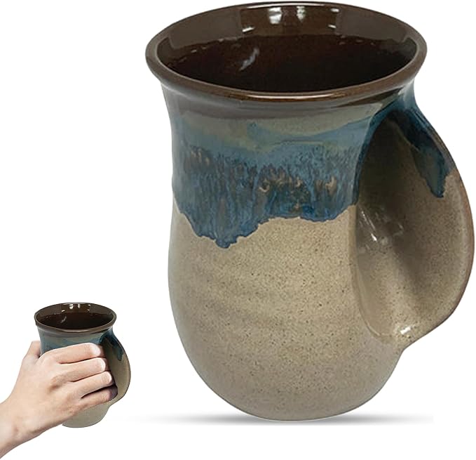 Clay in Motion Hand Warmer Coffee Mug – Handmade Coffee Mug With Comfortable Handle Contoured Pocket Hand Warming Ceramic Coffee Mug – Proudly Made in USA – Right Handed – 14 Oz - Mudslide