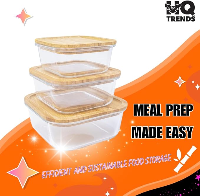 HQ Glass Container/Containers with Natural Brown Wooden Bamboo Lid Eco Friendly Storage Airtight 41 oz Square Baking Dish for Cooking Kitchen Storage Refrigerator Boxes Bakeware for Kitchens 1200 ML