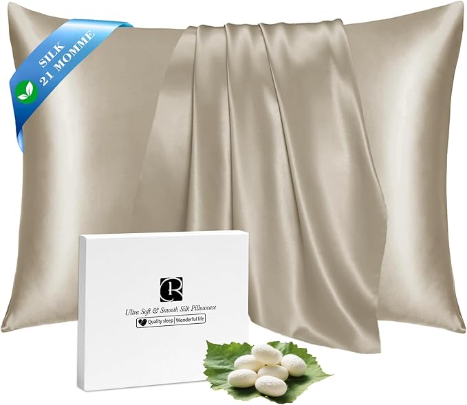 Ravmix Silk Pillow Cases with Zipper, 21momme Mulberry Silk Pillowcase for Hair Skin Health, Soft Smooth Breathable Cool Pillow Cover for Beauty Sleep with Gift Box 1PC(Queen 20"x30", Taupe)