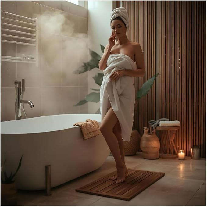 Teak Shower Mat – ChikiTeak Solid Wood Bath Mat for Outdoor Shower & Bathroom, Fast Draining, Non Slip, Premium Spa Mat, Durable Teak Bath Mat 25" x 16"