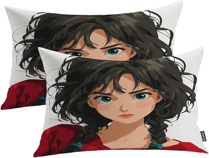 Shrahala Animated Youthful Decorative Throw Pillow Cover, Braided Hair Vivid Eyes Lumbar Pillowcase Blended Double-Sided No Inserts for Bedroom Living Room Set of 2 (12 x 20 in)