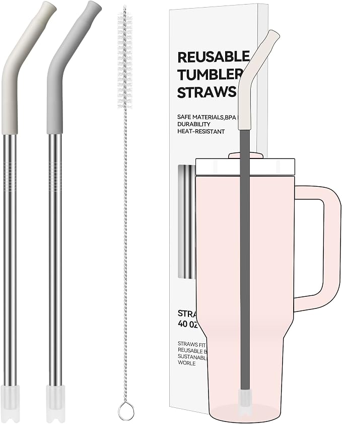 2 PCS 40oz Metal Straws for Stanley 40oz Cup & 64oz Jugs | Extra-Long Stainless Steel Straws with Removable Silicone Tips, Fits Large Tumblers & Oversized Mugs