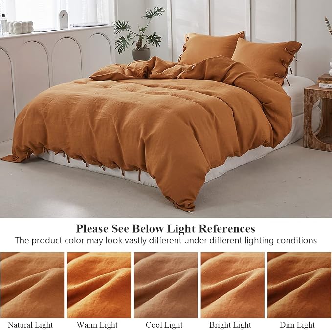 Simple&Opulence 100% Linen Duvet Cover Set 3pcs with Bowknot Ties Closure Natural French Washed Flax Solid Color Soft Breathable Farmhouse Bedding - Rust, Queen Size
