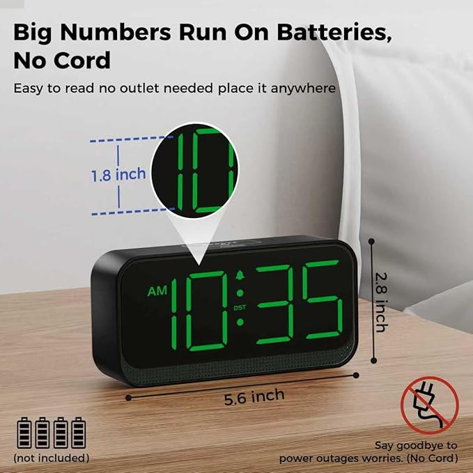 Acedeck Battery Operated Digital Clock: Cordless Small Alarm Clock for Bedroom Travel - Large Numbers 4 Dimmers for All Ages Green Digits