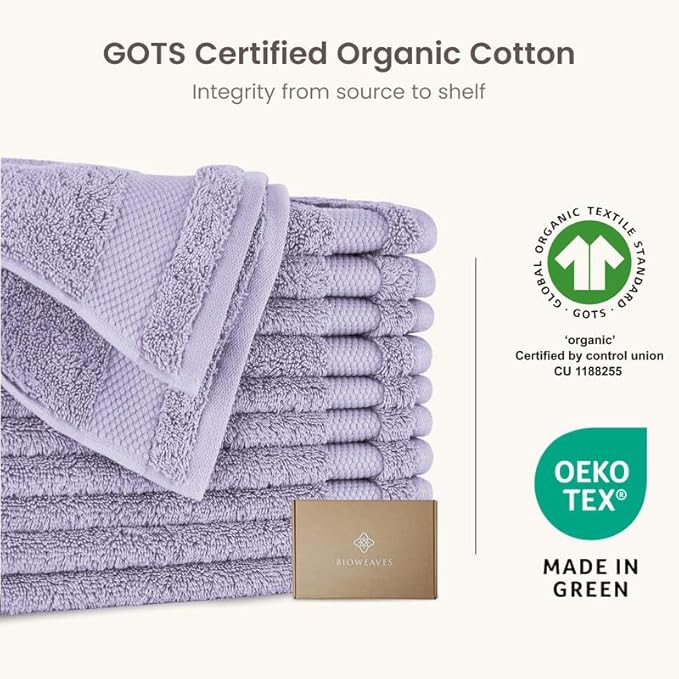 BIOWEAVES 100% Organic Cotton 700 GSM Plush Premium Washcloths 13" x 13" GOTS Certified, Face Towels Perfect for Home & Bathroom - Lavender, Pack of 12
