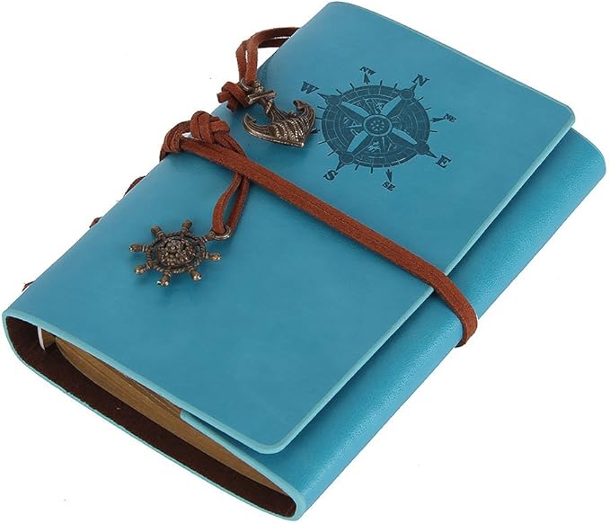 EvZ Retro Sky Blue Leather Journal - 5" Refillable Vintage Nautical Notebook with Anchor & Rudder Pendants - Small Spiral Blank Sketchbook for Travel, Dream Journaling & Art - Classic Embossed Diary, Pastel Blue