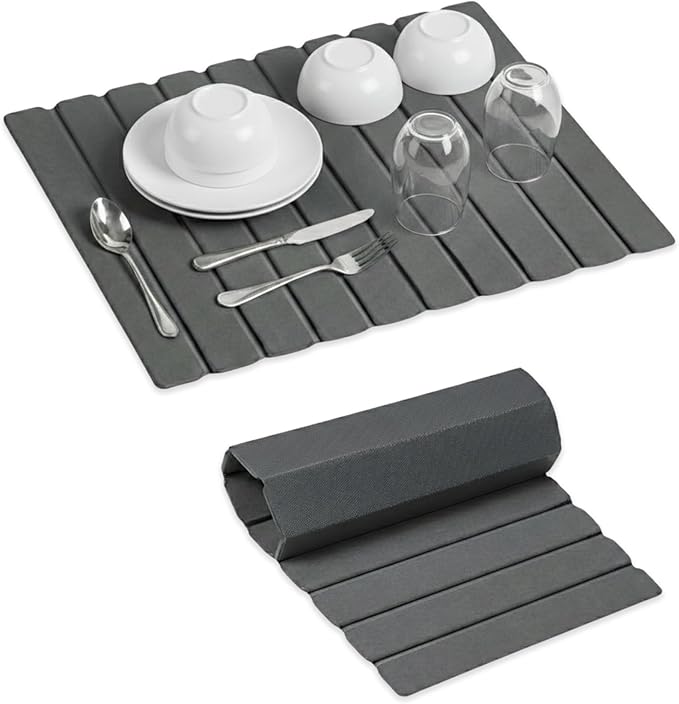 Stone Dish Drying Mat 24" x 16" – Dish Drying Stone Mat – Large Diatomaceous Earth Drying Mat with Non-Slip Base – Quick Dry Kitchen Drying Pad for Dishes, Glassware & Bottles (Solid Dark Grey)