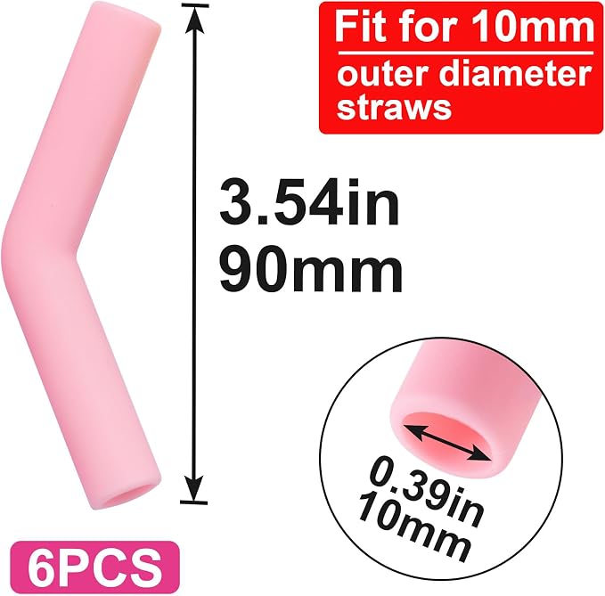 HINZIC 6Pcs Silicone Straw Tips 0.4 inch Wide(10mm Outer Diameter) for Metal Straws Food Grade Reusable Rubber Straw Covers Elbow Replacement Tip for Stainless Steel Straws Pink