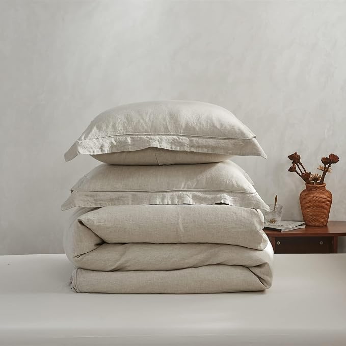Simple&Opulence 100% Linen Duvet Cover Set with Embroidery Border Washed - 3 Pieces (1 Duvet Cover with 2 Pillow Shams) with Button Closure Soft Breathable Farmhouse - Linen, Queen Size