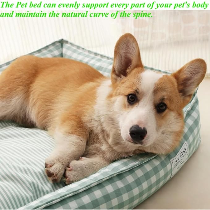 Orthopedic Rectangle Dog Bed for Medium Small Dogs, Plaid Plush Modern Puppy Sofa Bed with Anti-Slip Bottom, Cute Calming Pet Bed(Khaki,X-Large)