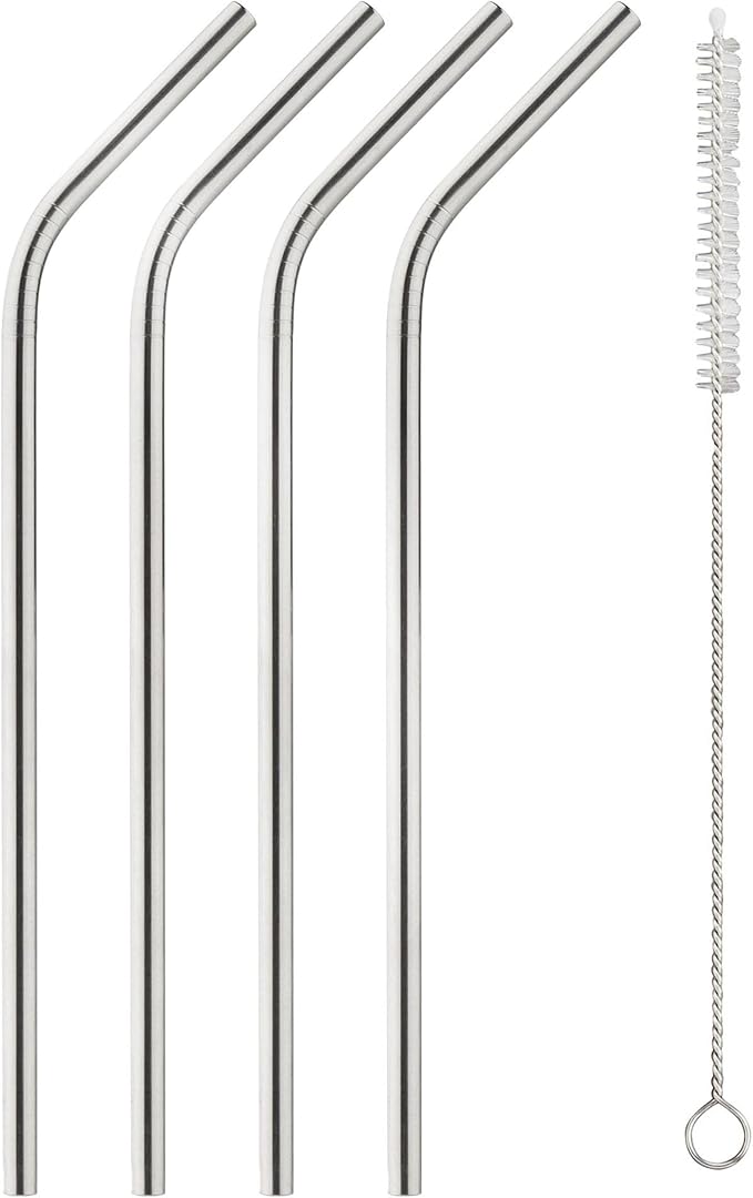 HIC Kitchen Reusable Drinking Straws, 18/8 Stainless Steel, Set of 4 Straws and 1 Cleaning Brush
