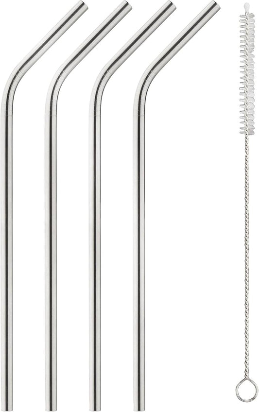 HIC Kitchen Reusable Drinking Straws, 18/8 Stainless Steel, Set of 4 Straws and 1 Cleaning Brush