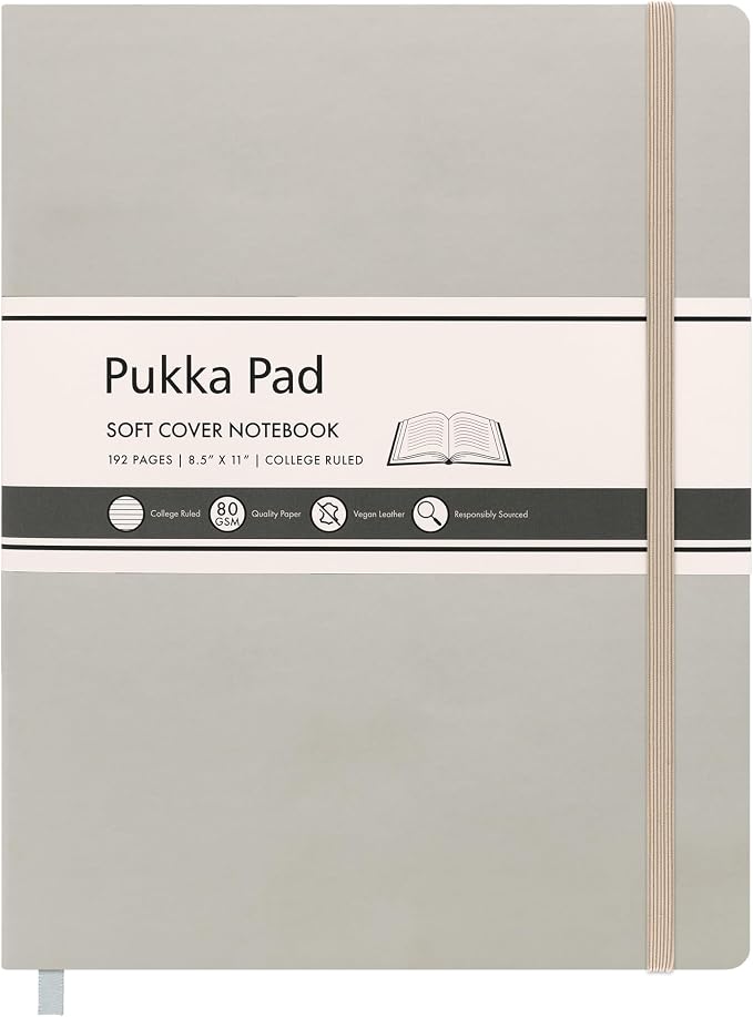 Pukka Pad Soft Cover Letter Size Notebook – Vegan Leather Journal with 192 Pages, 96 Sheets of 80GSM Ivory Paper, College Ruled without Margins – 8.5 x 11in, Oatmeal