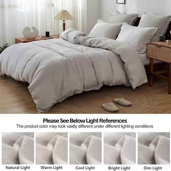 Simple&Opulence 100% Linen Duvet Cover Set 3pcs Basic Style Natural French Washed Flax Solid Color Soft Breathable Farmhouse Bedding with Button Closure - Light Grey, Queen