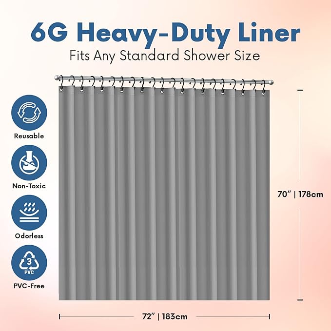 No Smell Shower Curtain Liner 72x72 Grey - PEVA Plastic Shower Curtain for Bathroom, PVC-Free Waterproof Grey Shower Liner with Metal Grommets and Magnet-Weighted Bottom Hem - Washable Liner