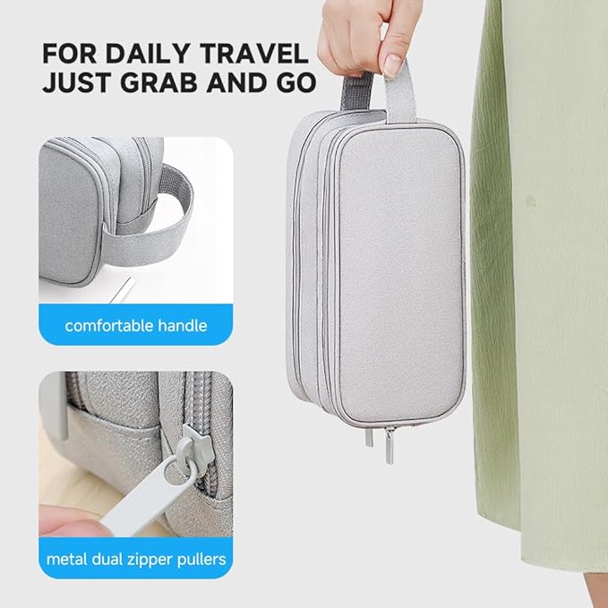 Teskyer Cable Organizer Bag, Travel Electronics Accessories Organiser, Protable Tech Pouch for Phone Chargers, Cables, Flash Drive, Power Bank, Hard Drive, Light Grey, 23.5 x 12 x 9 cm, Double-Layer