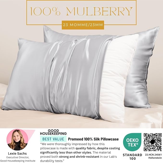 PROMEED 23 Momme Silk Pillowcase 2 Pack with Zipper, 3rd Gen Grade 6A+ 100% Mulberry Silk Pillow Case Set of 2, Cooling Pillow Cases for Hot Sleepers (King 20"x36", Light Grey)