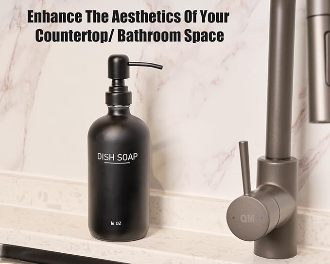 Black Glass Soap Dispenser with Stainless Steel Pump, Farmhouse Style Hand & Dish Soap Dispenser for Bathroom and Kitchen Sink, Soap Dispenser for Kitchen Sink (Black Pump d)