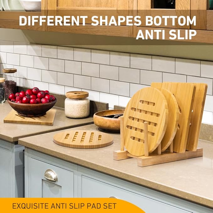 Bamboo Trivet Kitchen Bamboo Hot Pads Mat Set for Hot Dishes/Bowl/Teapot/Hot Pot Holders (Large 20 cm 8pack)