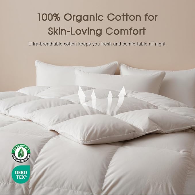 Cobnom® Feather and Down Fibres Comforter Full Size - 100% Organic Cotton, Quill-Free & Ethical, Luxury All Season Duvet Insert (White, 82x86 Inches)