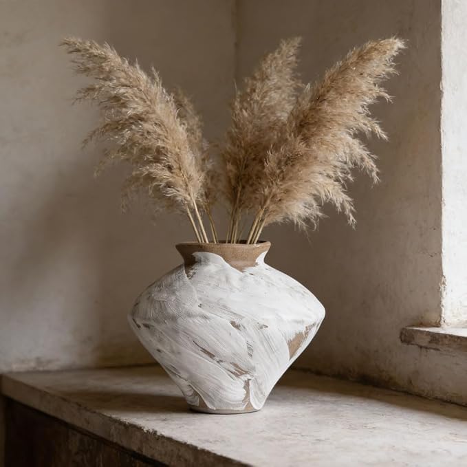 Wabi Sabi Vintage Vase, 6.3" Tall Wabi Sabi Decor Rustic Farmhouse Pottery Vase for Centerpiece, White Textured Pottery Flower Vase for Home Decorative, Table, Living Room, Bedroom, Bathroom, Kitchen
