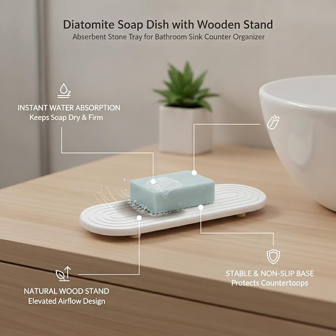 Diatomite Soap Dish with Wooden Stand, Absorbent Stone Tray for Bar Soap, Bathroom Sink Counter Organizer (1 PC)