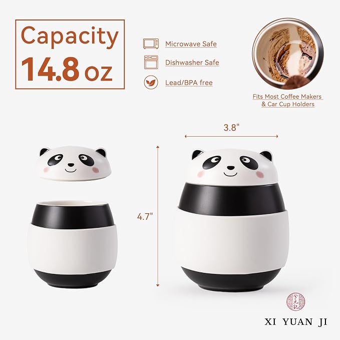 14.8oz Cute Panda Ceramic Mug with Lid & Heat-Resistant Silicone Sleeve – 1340℃ High-Fire Hand Warmer Coffee Cup, Lead-Free & Microwave Safe, Great Gift for Cold Days