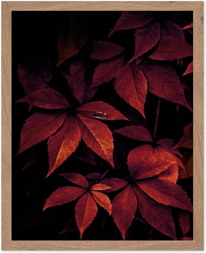 Monem Art Red Autumn Leaves Macro Photography Print - Moody Botanical Nature Poster - Wall Decor for Living Room, Bedroom or Office - 8x10 Beige Framed Wall Art by Mareike Bohmer