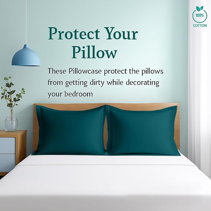 2 Pack Pillow Shams King Size 20x36 – 600 Thread Count 100% Organic Cotton Teal Pillow Covers with 2 Inch Decorative Flange, Soft & Smooth Premium Hotel-Quality Pillowcases Set of 2