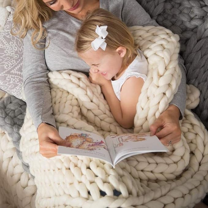 Chunky Knit Blanket Hand Made Merino Wool Throw Boho Bedroom Sofa Home Decor Giant Yarn(Ivory White 40"x40")
