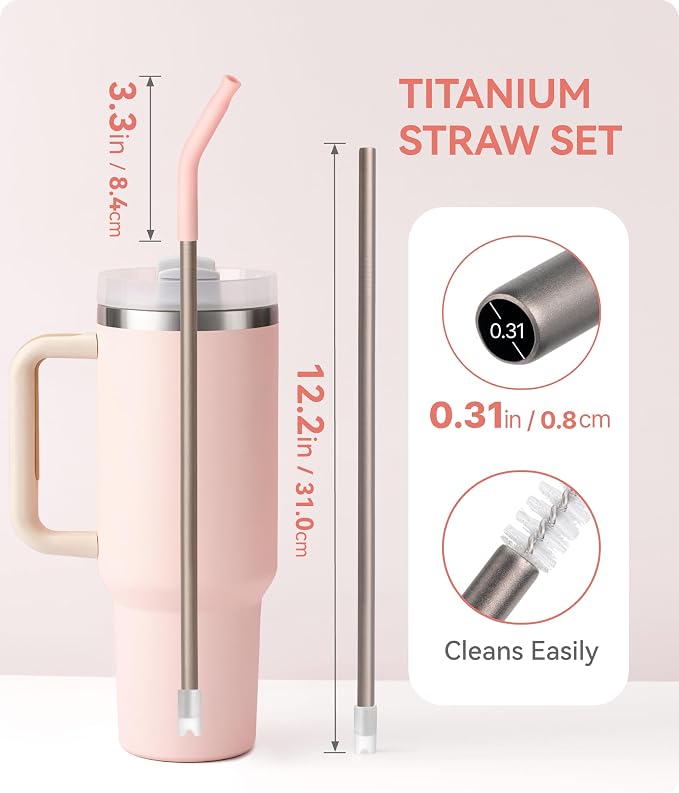 Heavy - Duty Titanium Straws12.2" Reusable for 40 oz Tumlbers | Metal Drinking Straws for All Kinds of Hot & Cold Drinks, Eco Conscious, BPA Free with Cleaning Brush(Light Pink)