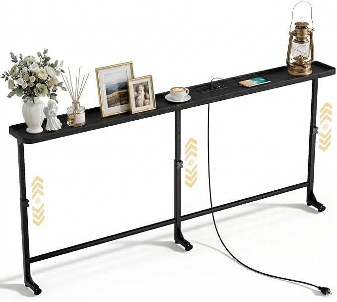 Faesun 70.9 Inch Vacuum Forming Behind Couch Table, 24"-32" Adjustable Height Range, Behind The Couch Table with Outlet, Adjustable Console Table, Narrow Long Sofa Table, for Living Room, Black