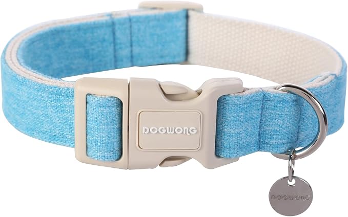 DOGWONG Cotton Hemp Dog Collar, Heavy-Duty Blue Dog Collar Adjustable Soft Natural Fabric Cute Wedding Puppy Necklace for Small Medium Large Dogs