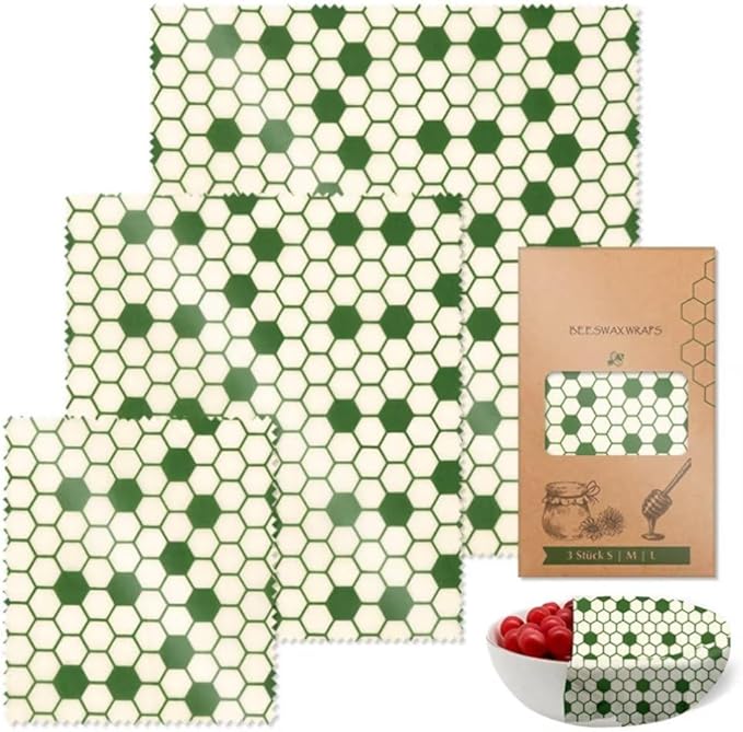 Green Honeycomb Wrapping Paper Cloth 3 PCS Set Degradable for Food Preservation Packaging for Kitchen Camping