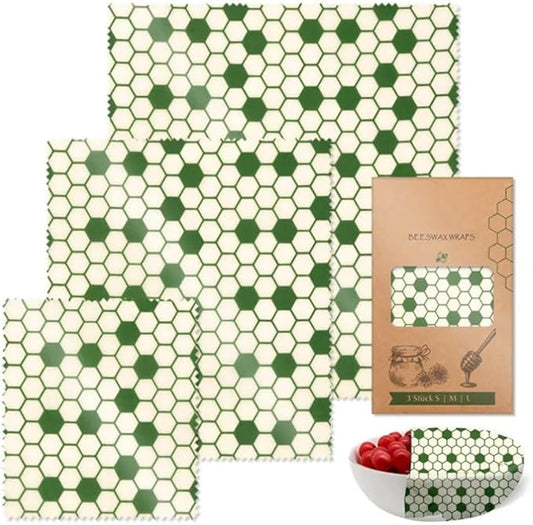 Green Honeycomb Wrapping Paper Cloth 3 PCS Set Degradable for Food Preservation Packaging for Kitchen Camping