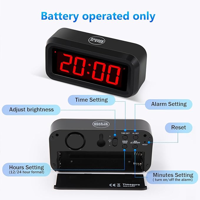 Digital Alarm Clock Battery Operated with LED Display for Bedrooms, Long Battery Life for 12 Months, 3 Brightness Adjustable, 12/24 Hour, Snooze, Black Case with Red Digits