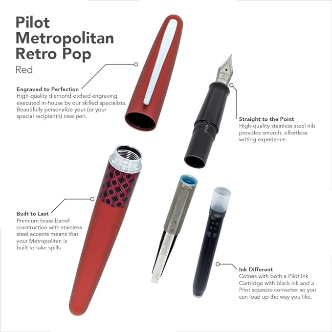 Goldspot Personalized Pilot Metropolitan Retro Pop Fountain Pen in Custom Engraved Pen in Red