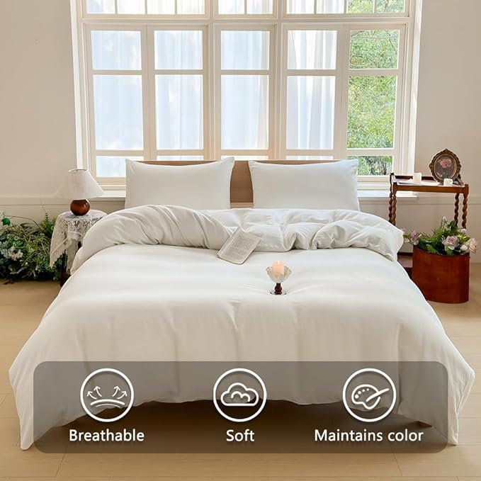100% French Flax Linen Duvet Cover Set Full, 3-Piece Soft Breathable Cooling Bedding for Hot Sleepers, Natural Washed Linen with Zipper Closure & 8 Corner Ties (Full, White)