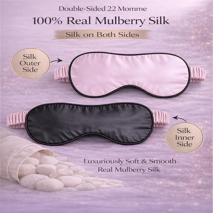 100% Mulberry Silk Sleep Mask for Women/Men Airplane Travel, Pure 22 Momme Silk Eye Mask Blackout for Sleeping, Ajustable, Luxury, Anti Wrinkle, Anti Aging Silk Blindfold, Made in USA (Pink)