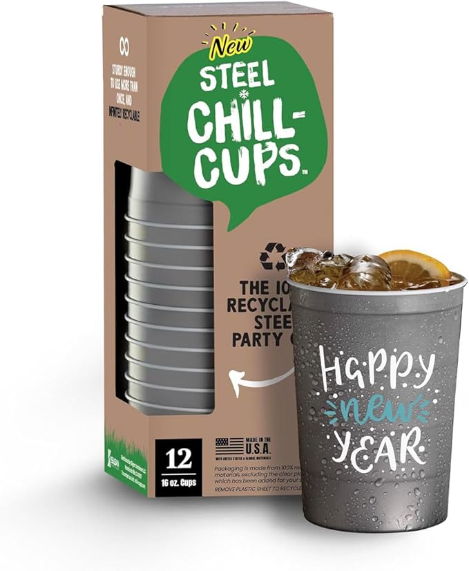 Steel Chill Cups 16 oz. Party Cups 'Happy New Year' Champagne Design for Cold Drinks, Durable, Disposable, Recyclable, Made in USA, Gray, 12 Count