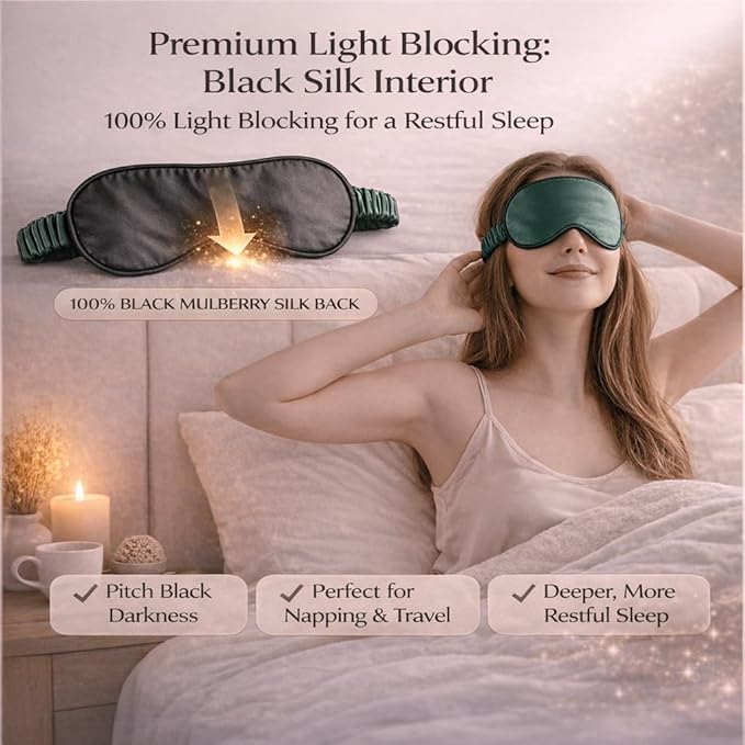 100% Mulberry Silk Sleep Mask for Women/Men Airplane Travel, Pure 22 Momme Silk Eye Mask Blackout for Sleeping, Ajustable, Luxury, Anti Wrinkle, Anti Aging Silk Blindfold, Made in USA (Emerald Green)