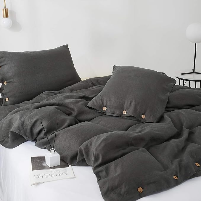 Simple&Opulence 100% Linen Duvet Cover Set 2pcs with Coconut Button Closure Natural French Washed Flax Solid Color Soft Breathable Farmhouse Bedding - Dark Grey, Twin Size