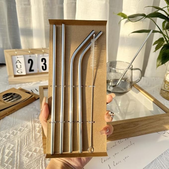 5 Pcs Stainless Steel Straws Set with Cleaning Brush, Reusable Stainless Steel Drinking Straws, Durable for All Beverages, Silver