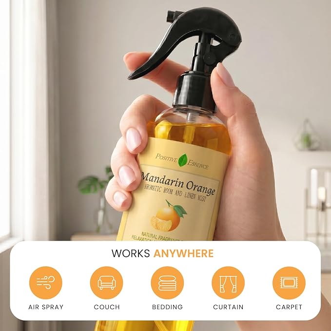 Mandarin Orange Linen and Room Spray, Natural Air Freshener Made with Pure Mandarin Essential Oil, Bathroom Air Refreshener, Pillow Spray, or Bathroom Odor Eliminator (8.5 fl oz)